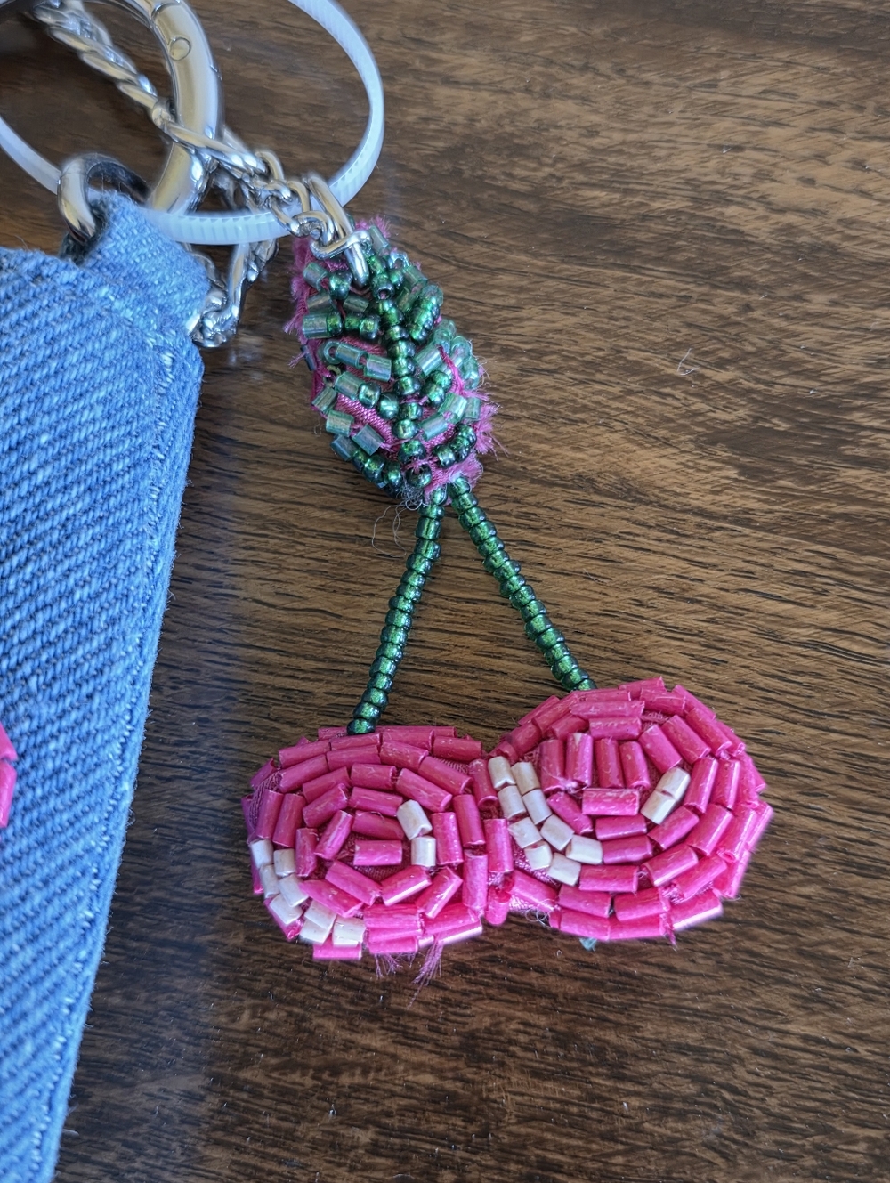 HANDMADE IN INDIA BLUE DENIM BEADED CLUTCH BAG W/ BAG CHARM *CHERRIES* NEW - Picture 6 of 16